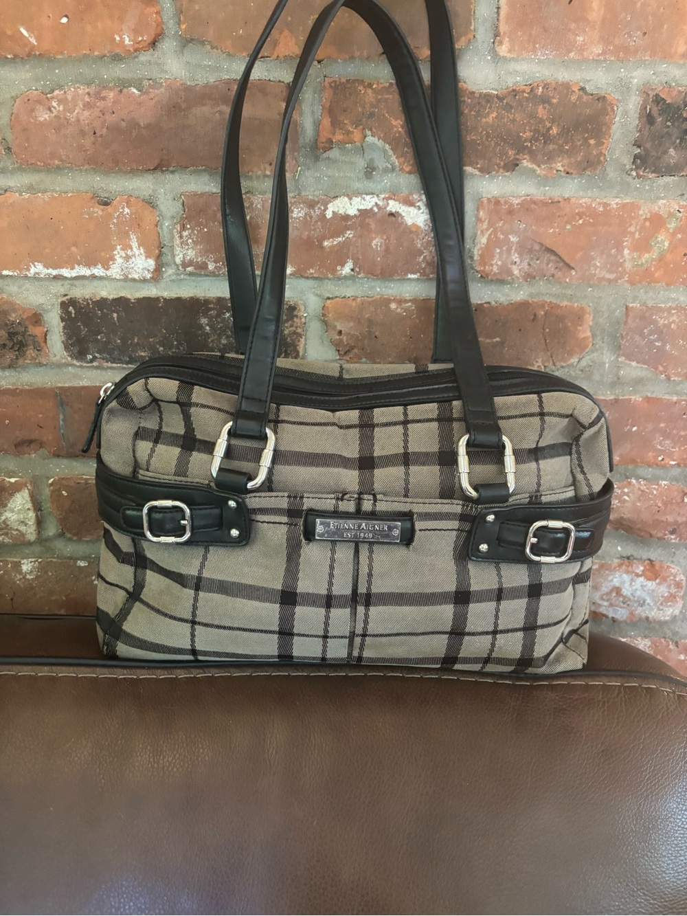 Vintage Etienne Aigner Plaid Leather Trim Satchel Tote Bag